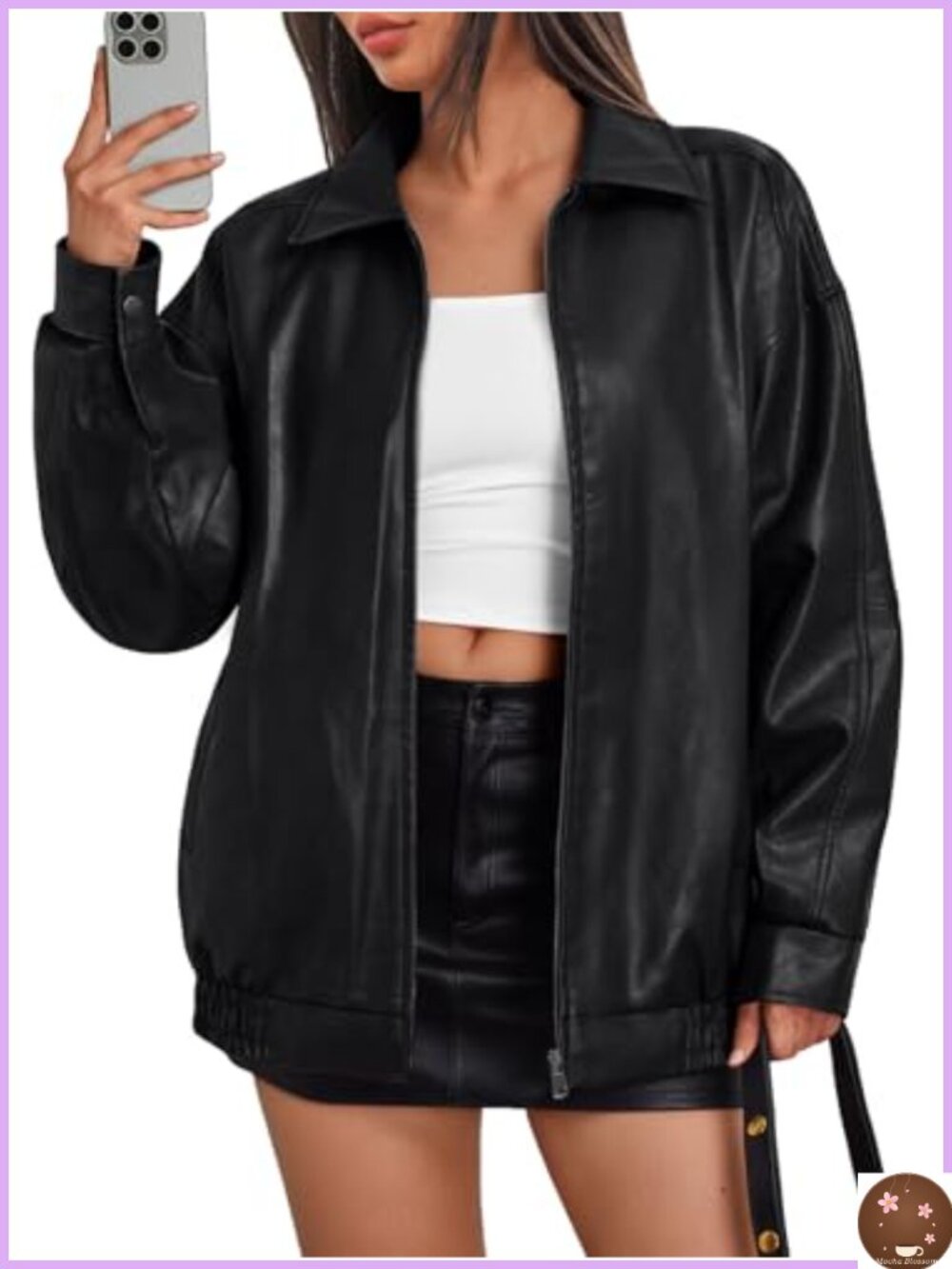 Women's Oversized Vegan Leather Moto Bomber Jacket Fall Winter